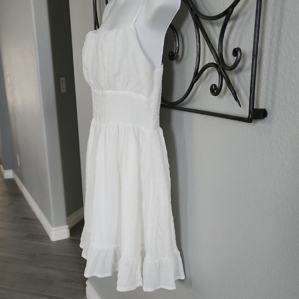 White Spaghetti-Strap Ruffle-Hem Mini Dress - Picture 2 of 6